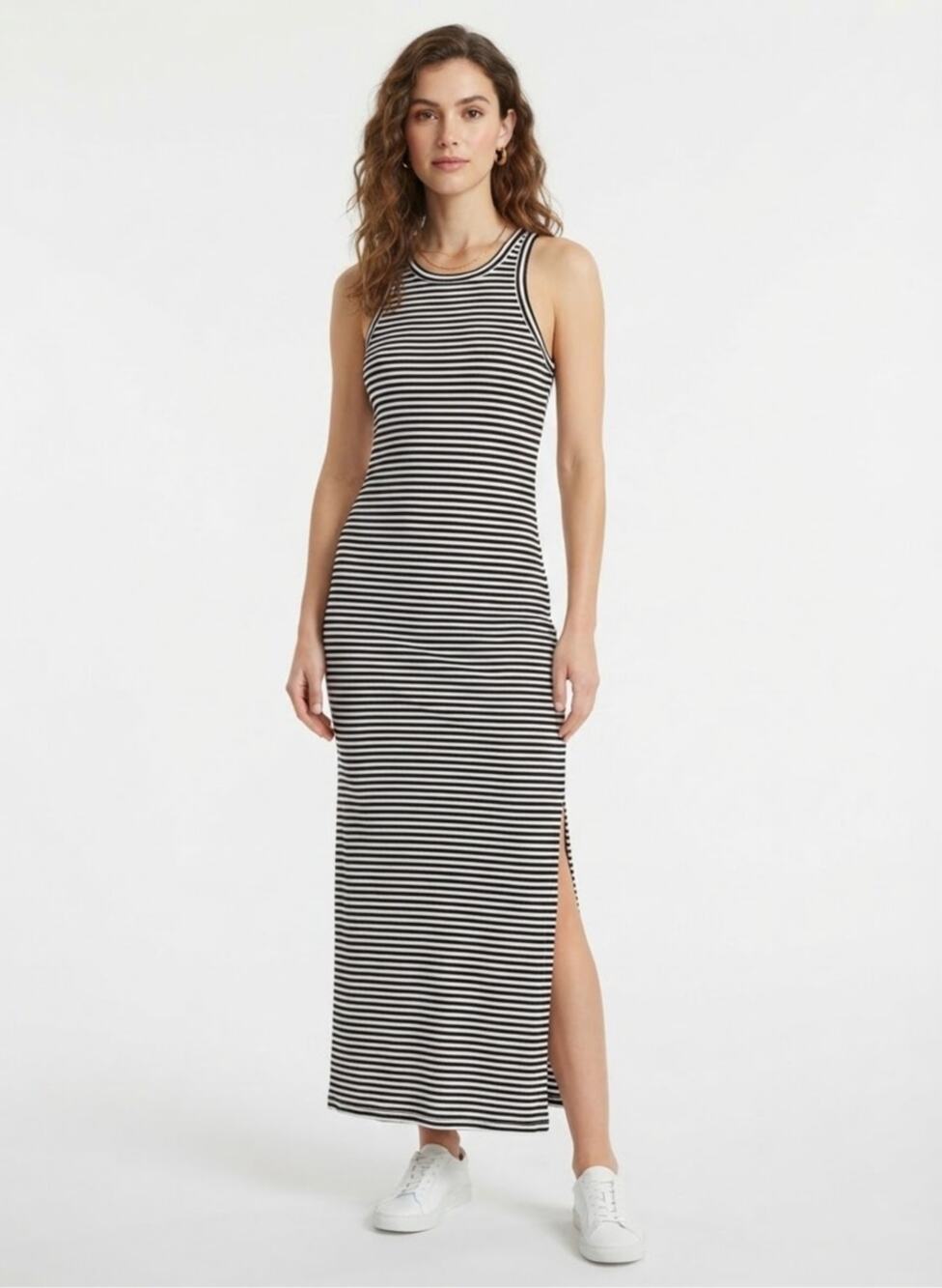 LOFT Striped Ribbed Midi Dress Black White Tank Petite XSP French Style Casual